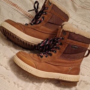 Pajar Leather Lace-Up Brown Boots with Fur Trim